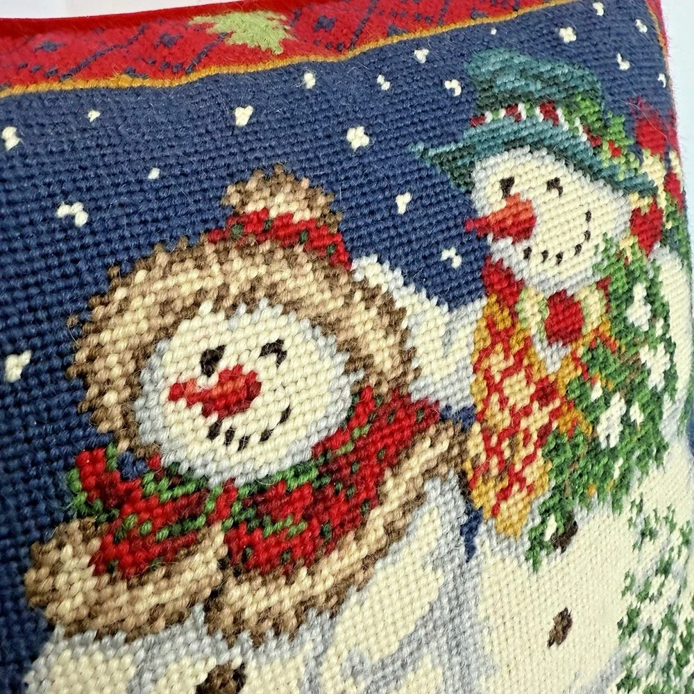 Vtg‎ Wool Needlepoint Pillow Snowman Family Christmas Sled Birdhouse Velvet Back